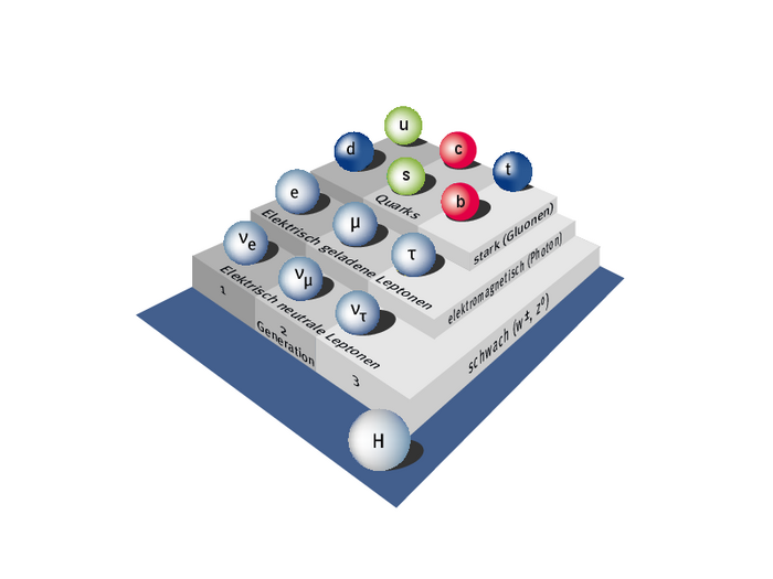 Elementarteilchen und Grundkräfte Alles, was wir sehen – Menschen, Tiere, Pflanzen, Erde und Planeten – besteht aus Materieteilchen. Insgesamt gibt es zwölf Materieteilchen, die in sechs Quarks und sechs Leptonen unterteilt werden. Beide Gruppen bestehen aus Teilchen dreier Familien.