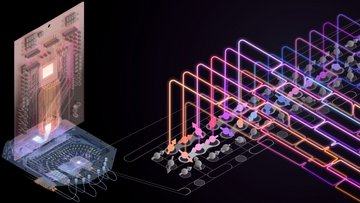 Grafik eines Chips, rechts daneben schematisch dargestellte Kreise mit Pfeilen, von denen Linien wie Verdrahtungen ausgehen