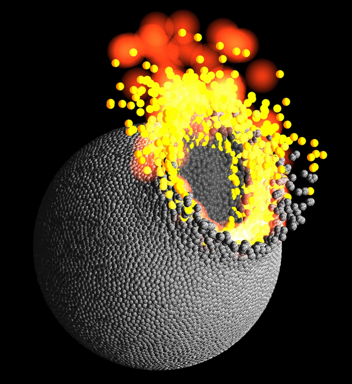 Kollision zweier Planetesimale in der Computersimulation Zusammenstoß zweier Körper, aufgebaut aus kleinen Partikeln.