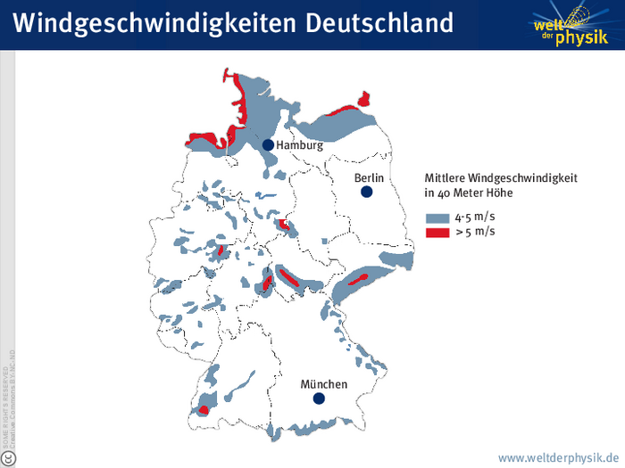 Deutschlandkarte mit verschieden eingefärbten Zonen, die die verschiedenen mittlerer Windgeschwindigkeiten in 40 Meter Höhe anzeigen. Besonders hohe Windgeschwindigkeiten sind an der Nord- und Osteseeküste und in den Gebirgen verzeichnet.