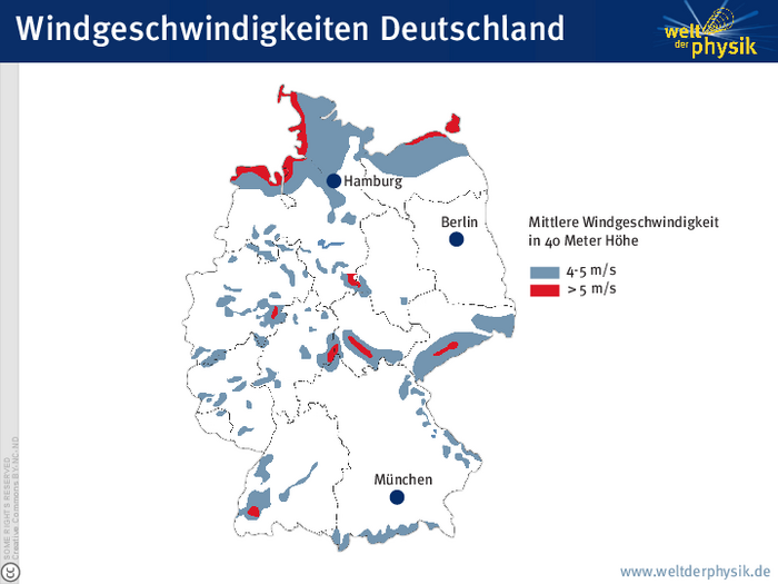 Mittlere Windgeschwindigkeiten in Deutschland Deutschlandkarte mit verschieden eingefärbten Zonen, die die verschiedenen mittlerer Windgeschwindigkeiten in 40 Meter Höhe anzeigen. Besonders hohe Windgeschwindigkeiten sind an der Nord- und Osteseeküste und in den Gebirgen verzeichnet.