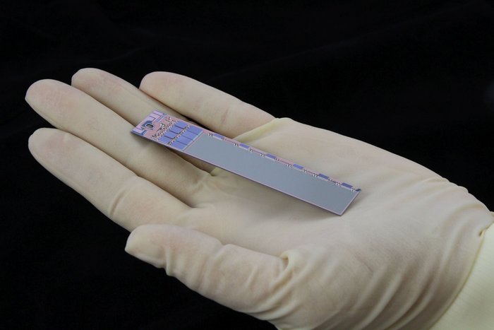Siliziumpixelsensoren Eine behandschuhte Hand hält einen Riegel mit Siliziumpixelsensoren.