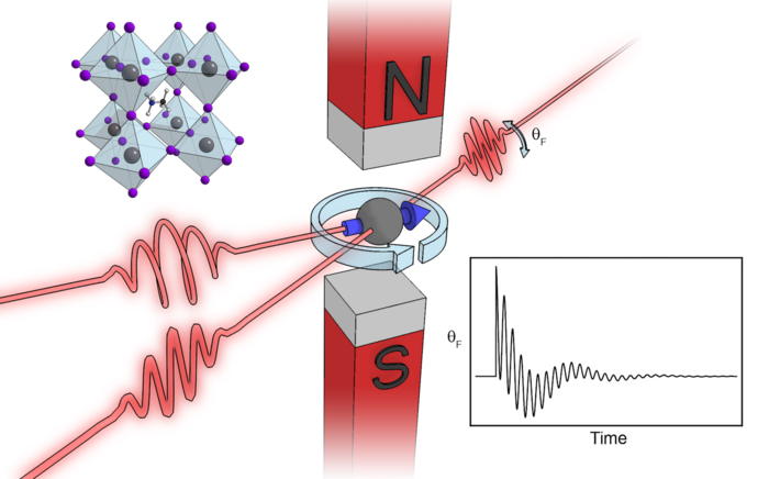 Spintronik mit Perowskit Grafik Darstellung des Versuchsaufbaus: Kugel zwischen einem magnetischen Nord- und Südpol, in die zwei Pfeile hineinströmen und einer wieder heraustritt.