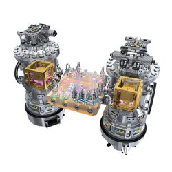 Künstlerische Darstellung des Forschungssatelliten LISA Pathfinder, an dem sich links und recht jeweils eine Vakuumkammer befindet, in der jeweils ein Goldkubus enthalten ist.