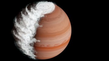 Planet im All, an dessen Nordpol ein Wolkenwirbel kreist. Von ihm geht eine Wolke aus, die die linke Seite des Planeten völlig bedeckt.