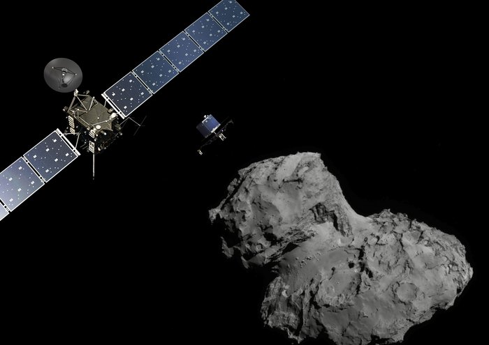 Rosetta-Mission Ein satellitenartiges Flugobjekt neben einem Gesteinsbrocken im All