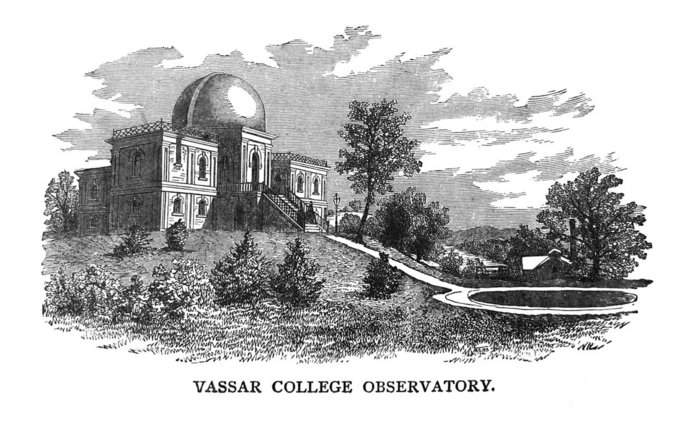 Vassar College Observatory 1882 Grafik eines Gebäudes, das aus einem mittleren Gebäudeteil mit Kuppel besteht und zwei Flügeln an jeder Seite; ein steiler Weg mit Treppe führt hinauf