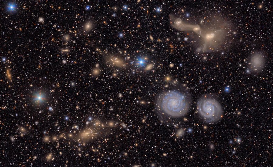 Viele unterschiedlich große Galaxien auf dunklem Hintergrund.
