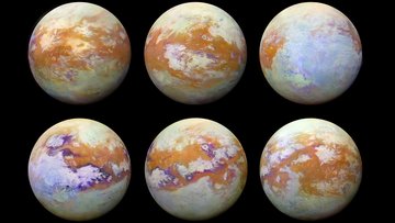 Sechs verschiedene Infrarotaufnahmen zeigen die Oberfläche von Titan. 