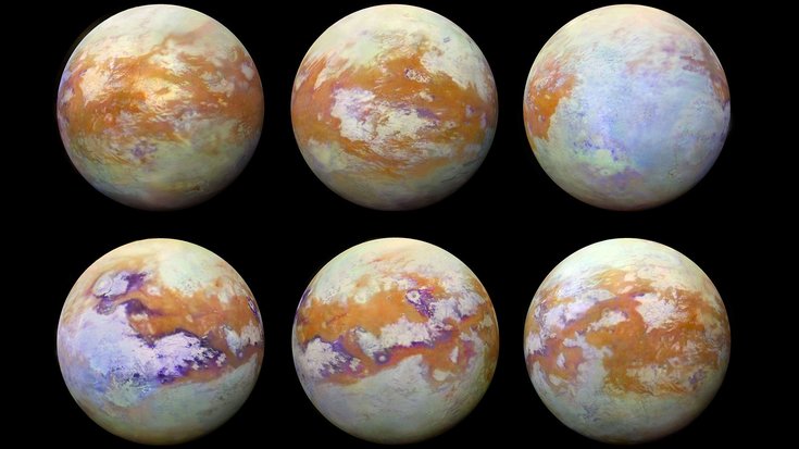 Infrarotaufnahmen von Titan | Bildquelle: NASA/JPL-Caltech/Stéphane Le Mouélic/Universität Nantes/Virginia Pasek/University of Arizona Sechs verschiedene Infrarotaufnahmen zeigen die Oberfläche von Titan.