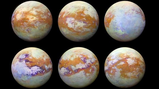 Sechs verschiedene Infrarotaufnahmen zeigen die Oberfläche von Titan. 