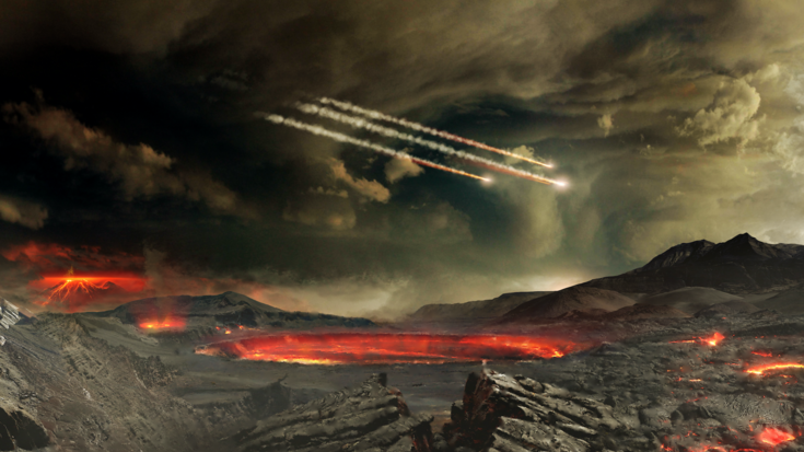 Düstere Landschaft mit aktiven Vulkanen und Kratern, die mit flüssiger Lava gefüllt sind. In der Atmosphäre sind drei eintreffende Meteoriten zu erkennen.