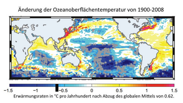 Weltkarte. Besonders die Meeresströmungen, die auf der Nordhalbkugel gen Westen strömen, haben sich stärker erwärmt als der Rest des Ozeans.