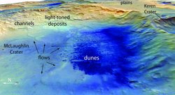 Falschfarbenaufnahme von der Marsoberfläche, der McLaughlin-Krater ist links im Bild zu sehen, darüber liegen Kanäle und rechts davon eine Erhebung und ein weiterer Krater. 