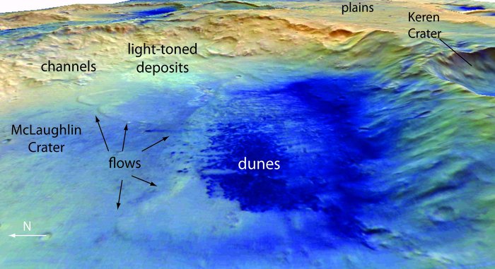 Falschfarbenaufnahme von der Marsoberfläche, der McLaughlin-Krater ist links im Bild zu sehen, darüber liegen Kanäle und rechts davon eine Erhebung und ein weiterer Krater.