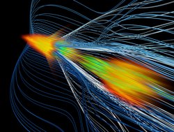 Pfeilartiges Gebilde aus Linien, das links spitz zuläuft und sich rechts öffnet.