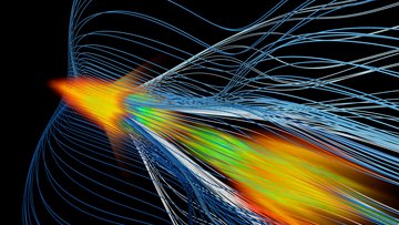 Pfeilartiges Gebilde aus Linien, das links spitz zuläuft und sich rechts öffnet.