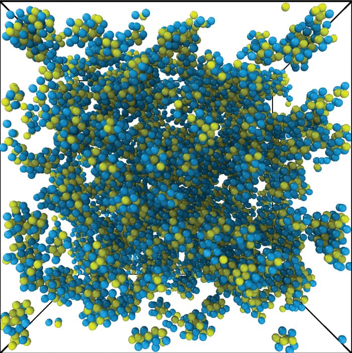 Simulation eines metallischen Glases Eine Ansammlung von Bällen ballt sich dicht in der Mitte zusammen und franst an den Rändern aus.