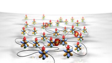 Viele Atome sind über das Bild verteilt und mit Linien verbunden. Sie bestehen jeweils aus acht luftballonartigen Orbitalen, aus denen ein Pfeil nach oben ragt. Drei Atompaare sind über eine Art Rauchwolke und dünne Pfeile miteinander verbunden.