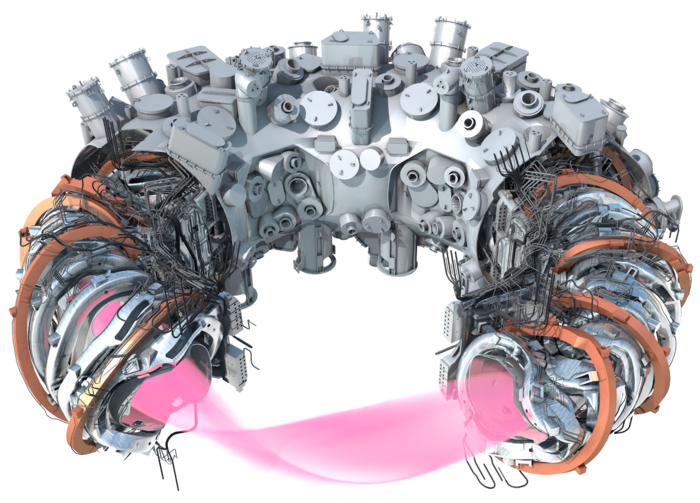 Aufbau von Wendelstein 7-X Das Bild zeigt den Querschnitt einer ringförmigen Maschine. Im Inneren ist das Plasma zu sehen, weiter außen die Magnetfeldspulen und die Plasmakammer sowie die äußere Hülle.