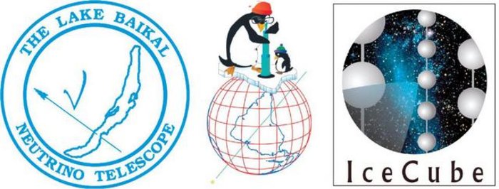 Die Logos der Neutrinoexperimente Baikal-NT200, AMANDA und IceCube.