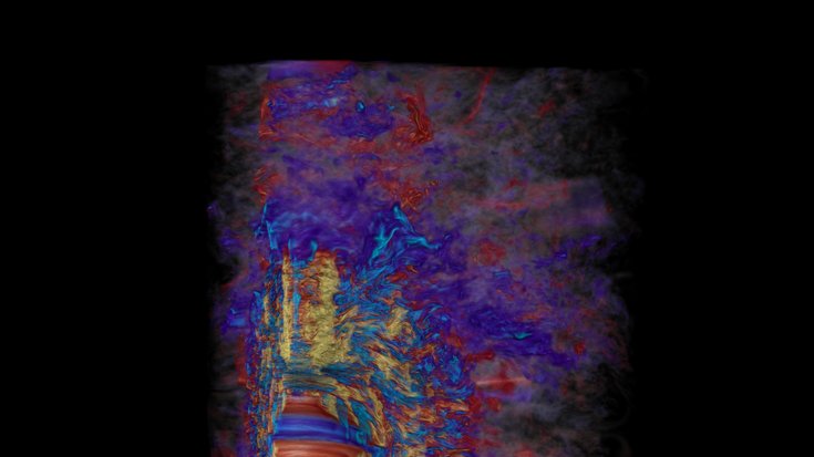 Simulation Hypernova-Explosion, Bildquelle: Robert Sisneros/NCSA/Philipp Mösta; Lizenz: gemäß den Bedingungen der Quelle Wolkiges Gebilde, das sich um einen Punkt in der Mitte anordnet.