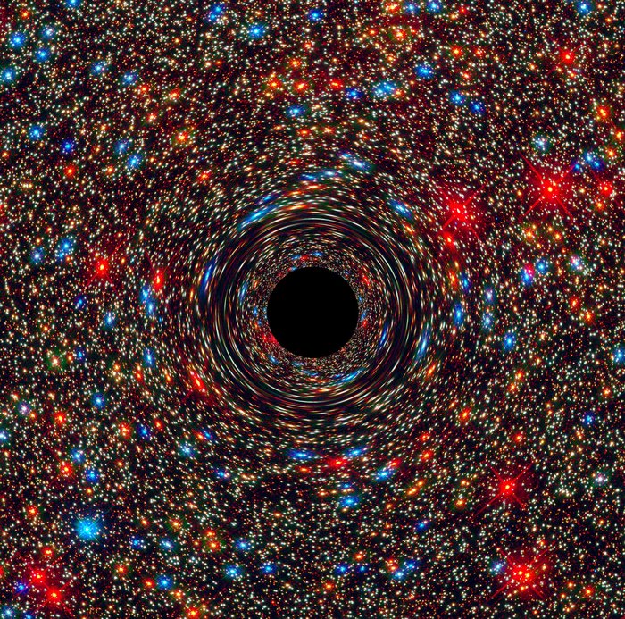 Simulation des Ereignishorizonts eines Schwarzen Lochs Im Zentrum einer Galaxie mit zahlreichen bunten Sternen und Himmelskörpern befindet sich ein kreisrundes Schwarzes Loch: Die Farbe stellt den Ereignishorizont dar, den keinerlei Materie oder Licht wieder überqueren kann, sobald sie ihn passiert haben. Zusätzlich erscheinen die Himmelskörper in der Nähe des Schwarzen Lochs verzerrt, da die große Schwerkraft des Schwarzen Lochs die Raumzeit krümmt.