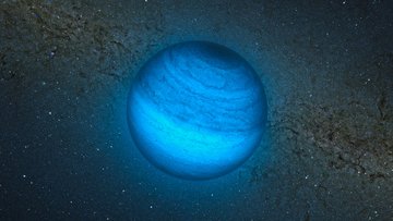 Der Exoplanet als helle Kugel vor einem Hintergrund aus vielen kleinen, hellen Lichtpunkten.