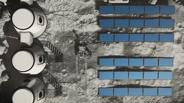 Links siloartige Gebäude, rechts mehrere, in Reihen angeordnete Solarmodule auf der Mondoberfläche; dazwischen steht ein Mondrover