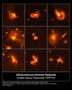 Neun Einzelaufnahmen jeweils mit sich berührenden orangefarbenen Wolken, die einen oder mehrere helle Knoten enthalten – Hintergrund schwarz.