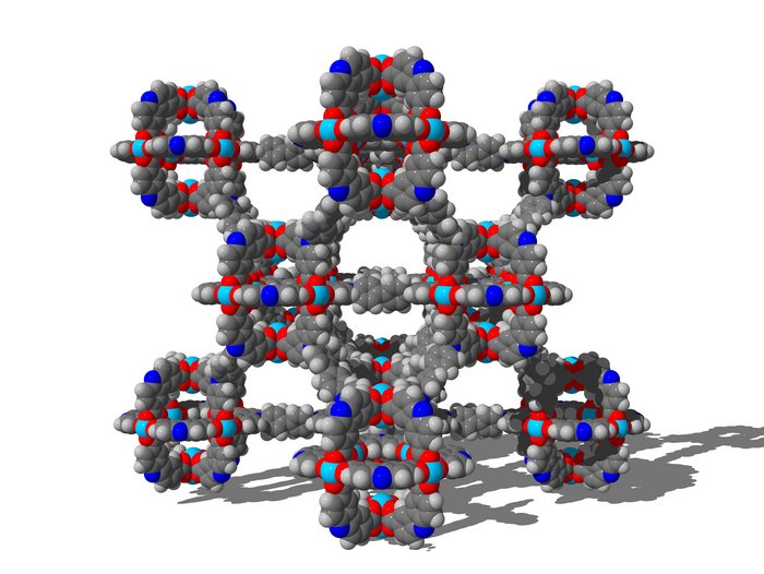 Negative Gasadsorption Molekülmodell des extrem porösen Materials, bestehend aus grauen, blauen und roten Teilen