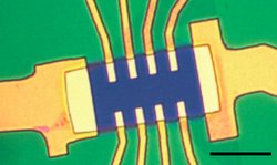 Transistoraufnahme durch ein Mikroskop, auf der die Schaltungen zu sehen sind.