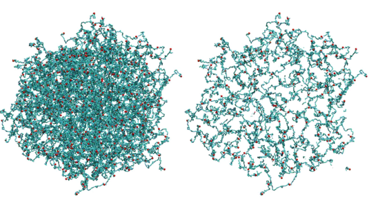 Simuliertes Bild von zwei Hydrogelen. Das rechte Hydrogel ist sehr engmaschig, wohingegen das linke Hydrogel sehr grobmaschig dargestellt ist.