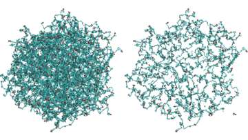 Simuliertes Bild von zwei Hydrogelen. Das rechte Hydrogel ist sehr engmaschig, wohingegen das linke Hydrogel sehr grobmaschig dargestellt ist.