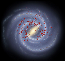 Zeichnung einer Spiralgalaxie mit vier Spiralarmen von oben, darin eingebettet viele Punkte, die sich in den Spiralarmen konzentrieren.