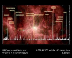 Fotomontage: Im Hintergrund das leuchtende Gas des Orion-Nebels. Davor ein Spektrum mit zahlreichen Peaks, denen jeweils ein Molekül zugeordnet ist.