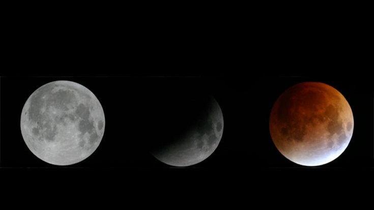 Drei Aufnahmen des Mondes nebeneinander.
