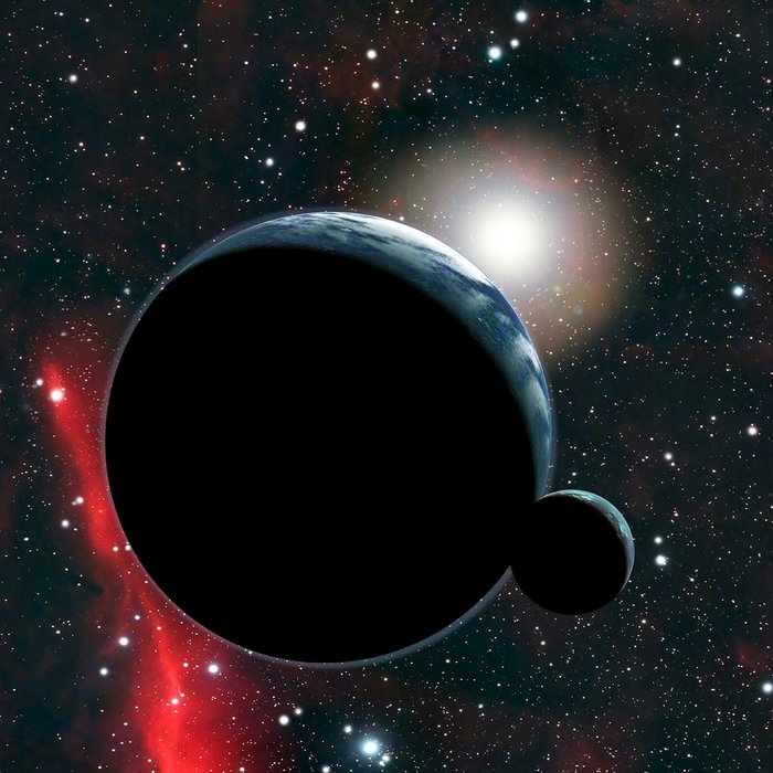 Exoplanet mit Mond Vor dem Sternenhimmel und einer Sonne schwebt ein erdähnlicher Exoplanet mit einem kleinen Mond.