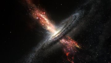 Spiralgalaxie mit Gasströmen entlang der Rotationsachse. In diesen Gasströmen sind viele helle Sterne zu sehen.
