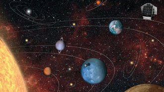 Mehrere Planeten unseres Sonnensystems und die Sonne sowie weitere als kleine helle Punkte dargestellte Planeten; zwischen ihnen verlaufen kurvige Linien. Am oberen linken Bildrand ist eine Art Satellit zu sehen.