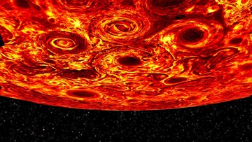 Am Südpol von Jupiter zeigen die Aufnahmen der Raumsonde Juno fünf Zyklonen um einen zentralen Wirbelsturm. 