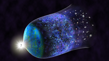 Illustration: Von einem hellen Kreis mit einem Fragezeichen in der Mitte geht ein sich ausbreitendes fischernetzähnliches Gebilde aus, in dem die verschiedenen Entwicklungsstadien des Universums dargestellt sind