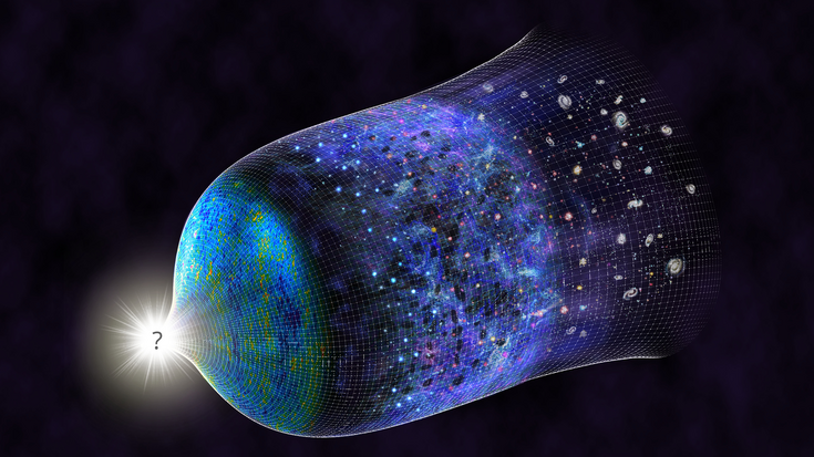 Illustration: Von einem hellen Kreis mit einem Fragezeichen in der Mitte geht ein sich ausbreitendes fischernetzähnliches Gebilde aus, in dem die verschiedenen Entwicklungsstadien des Universums dargestellt sind