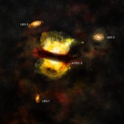 Ausgedehnte irreguläre Galaxie mit starkem Staubband, in der Umgebung drei kleine spiralförmige Galaxien.