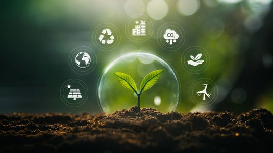 Das Bild zeigt Erde, aus der eine zweiblättrige Jungpflanze wächst, die von einer Blase umgeben ist. Die Blase umgeben sieben Icons, die unter anderem die Erde, ein Windrad, Solarpanels und eine Wolke zeigen.