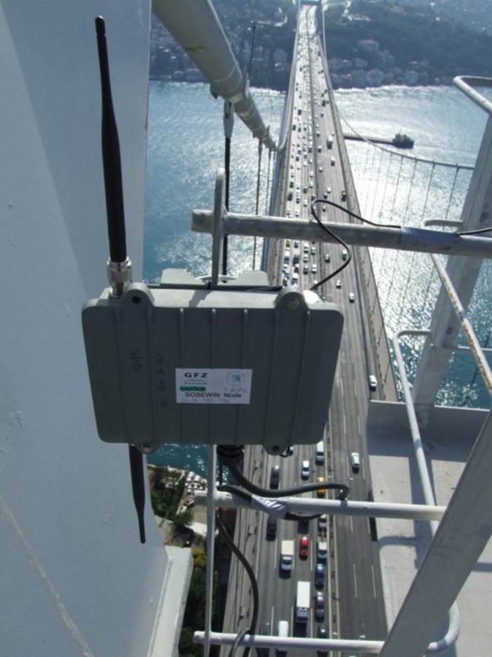 Messknoten Hoch oben auf dem Brückenpfeiler einer gewaltigen Hängebrücke ist ein Kasten mit zwei Antennen befestigt, der einem WLAN-Router ähnelt, nur etwas größer ist. Auf einem Aufkleber ist lesbar: „GFZ Potsdam“ und „SOSEWIN Node“. Tief unten, im Hintergrund des Bildes, rauscht achtspurig der Kfz-Verkehr über den Bosporus.