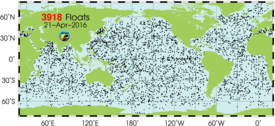 Infografik. Weltkarte mit sehr vielen Punkten in den Ozeanen. Die Punkte sind etwas unregelmäßig verteilt. Im Prinzip gibt es aber überall in den Ozeanen Punkte. Die einzige Ausnahme ist der Arktische Ozean.