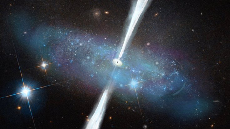 Künstlerische Darstellung einer Zwerggalaxie mit Schwarzem Loch | Bildquelle: NASA/ESA/M. Polimera Wolke aus Sternen mit dunklem Objekt in der Mitte, von dem zwei gebündelte Strahlen ausgehen