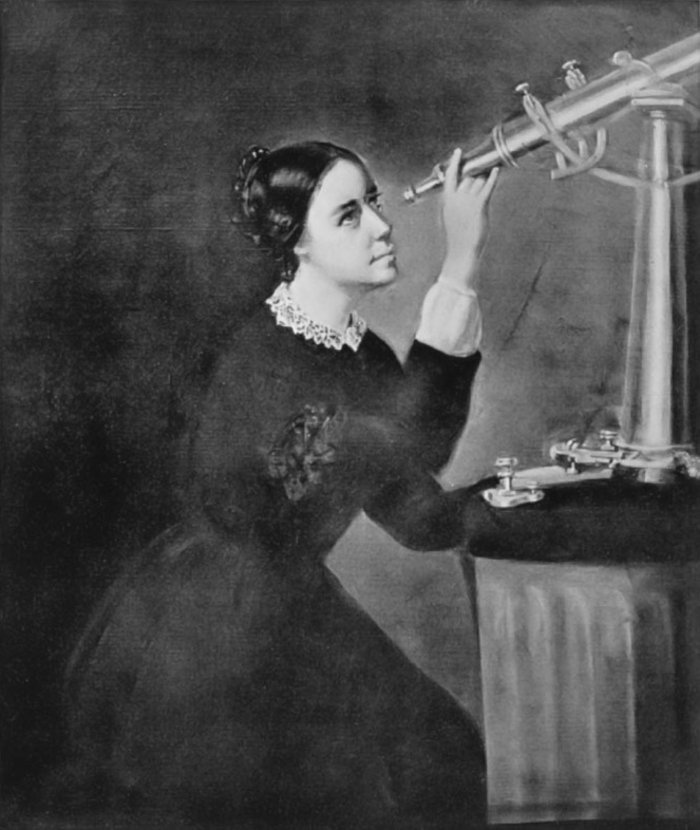 Maria Mitchell 1851 Gemälde: Eine Frau schaut in ein Teleskop