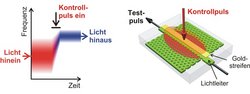 Links ist ein Diagramm zu sehen, auf der y-Achse ist die Frequenz und an der x-Achse die Zeit aufgetragen. Zunächst tritt rotes Licht mit einer niedrigen Frequenz ein, nach dem Kontrollpuls erhöht sich die Frequenz und das Licht wird blau. Rechts ist der Versuchsaufbau dargestellt mit der Siliziumfolie, die auf der rechten und linken Seite perforiert ist, nur in der Mitte ist ein nichtperforierter Streifen. Genau über diesem Streifen liegt ein Goldstreifen. Der Kontrollpuls bescheint die Folie von oben, er wird vom Goldstreifen reflektiert und trifft nur einen Teil der perforierten Bereiche.